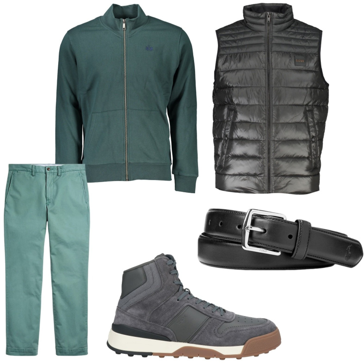 Outfit uomo - Look sportivo chic. Stile Casual per Tutti i giorni. Abbinamento con sneakers alte, cinture, pantaloni, giacche, felpe.