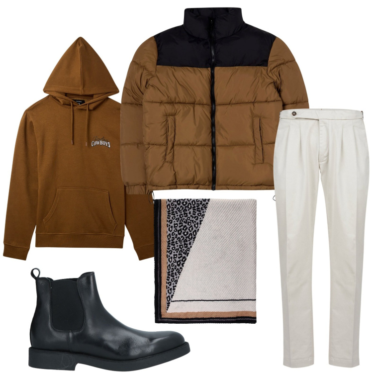 Outfit uomo - Dettaglio animalier inaspettato. Stile Trendy per Tutti i giorni. Abbinamento con stivali e stivaletti, giacche, felpe con cappuccio, sciarpe e foulard, pantaloni.