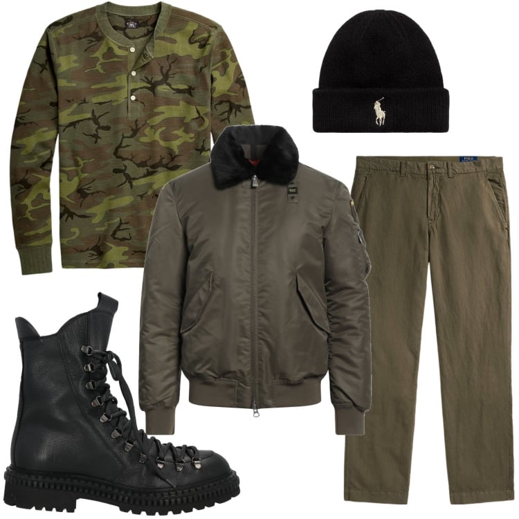 Outfit uomo - Camouflage. Stile Trendy per Tutti i giorni. Abbinamento con giacche, anfibi, berretti, pantaloni, t-shirt.