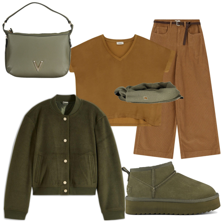 Outfit donna - In città. Stile Casual chic per Tutti i giorni. Abbinamento con bomber, pantaloni, t-shirt, stivaletti, sciarpe, borse a spalla.