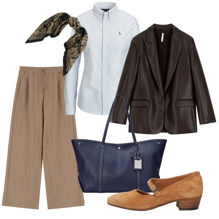 Outfit donna - Ottobre. Stile Bon Ton per Ufficio. Abbinamento con décolleté, blazer, camicie, borse tote, foulard, pantaloni.