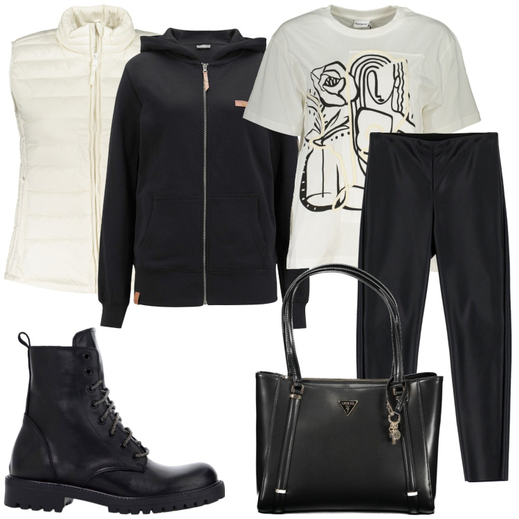 Outfit donna - Bianco e nero sportivo. Stile Casual per Tutti i giorni. Abbinamento con felpe con cappuccio, pantaloni, stivaletti, t-shirt, borse a spalla, blazer.