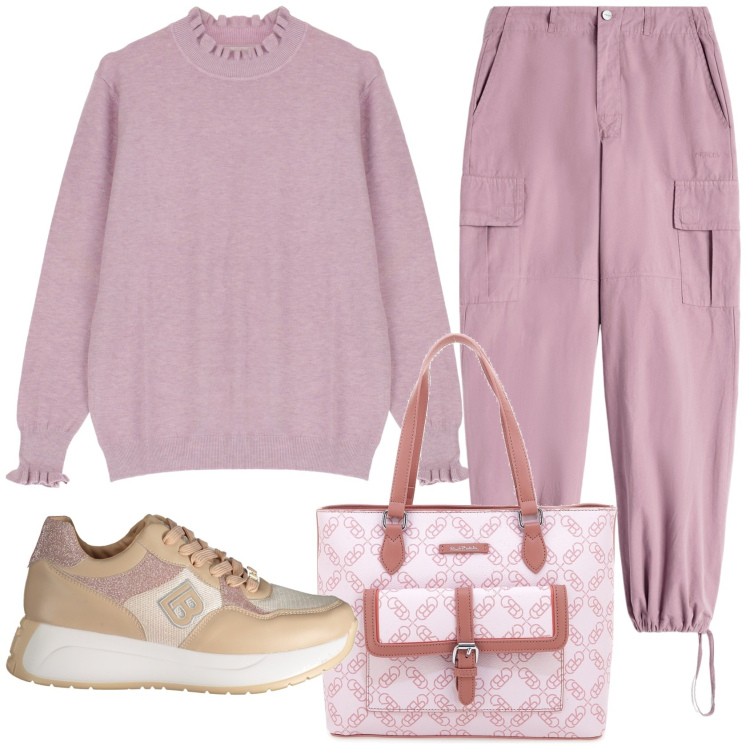 Outfit donna - Maglione oversize. Stile Casual per Tutti i giorni. Abbinamento con pantaloni cargo, maglieria, sneakers, borse a spalla.