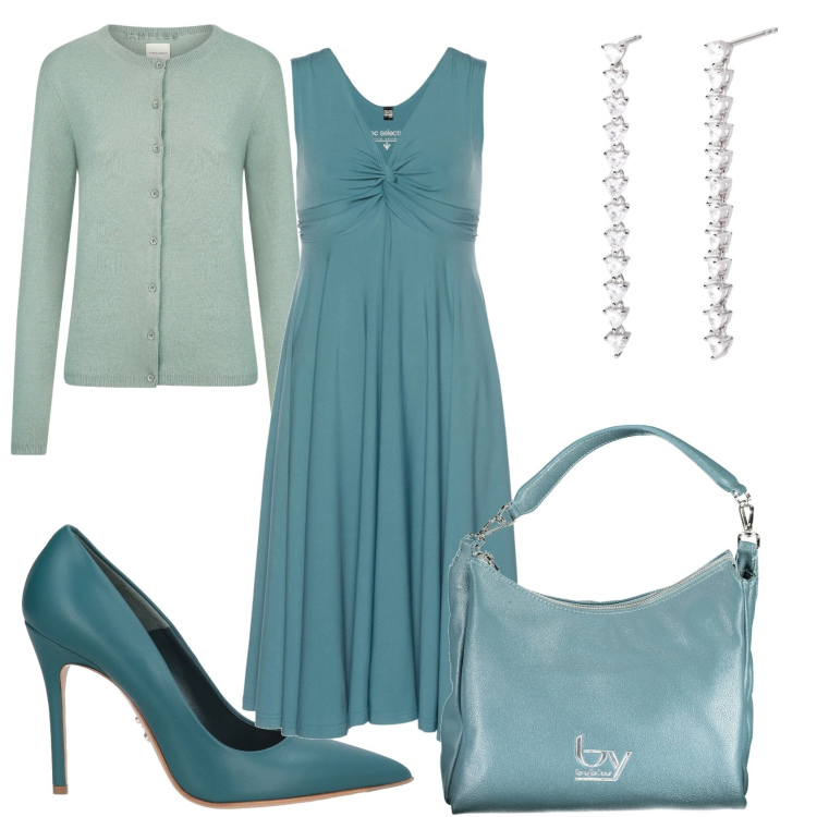 Outfit donna - Verde in cerimonia. Stile Glamour per Cerimonia. Abbinamento con décolleté, vestiti, orecchini, cardigans, borse a spalla.