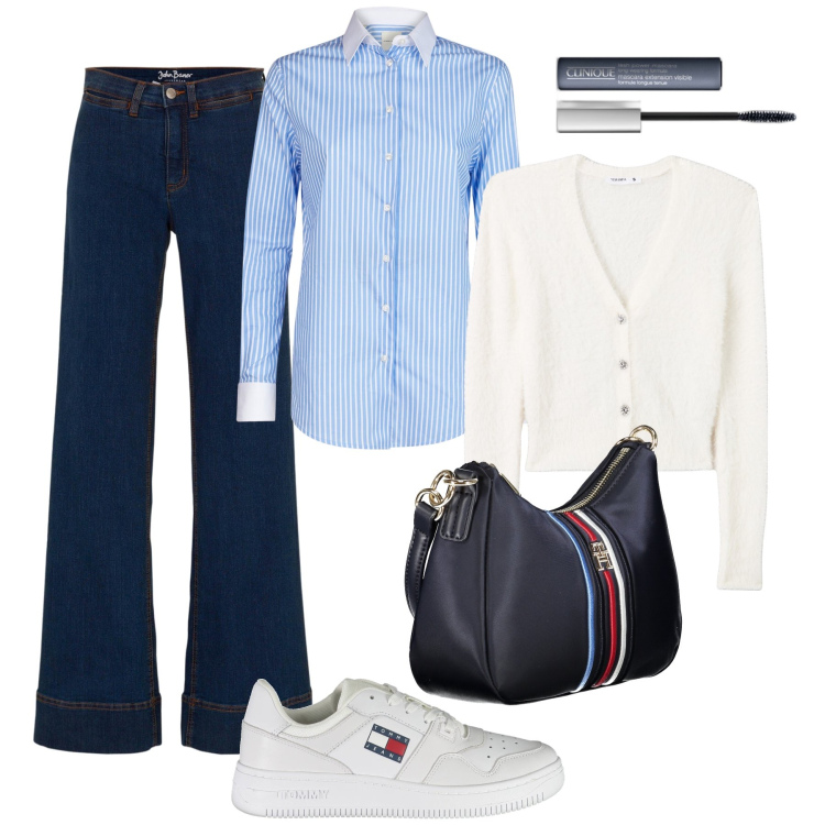 Outfit donna - All’università. Stile Casual per Scuola/Università. Abbinamento con jeans, mascara, cardigans, borse a tracolla, sneakers, camicie.