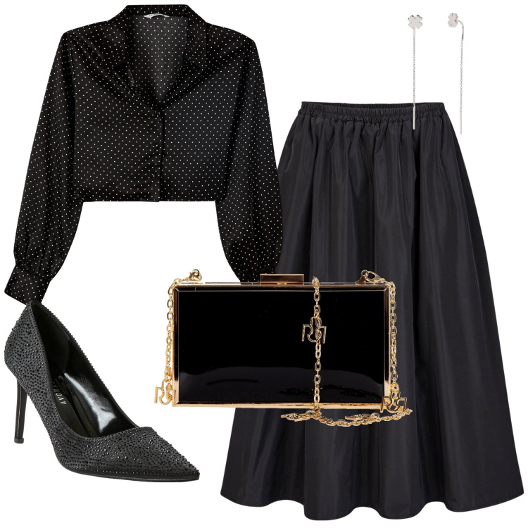 Outfit donna - Glamour per ottobre. Stile Glamour per Serata fuori. Abbinamento con camicie, décolleté, orecchini, pochette, gonne lunghe.