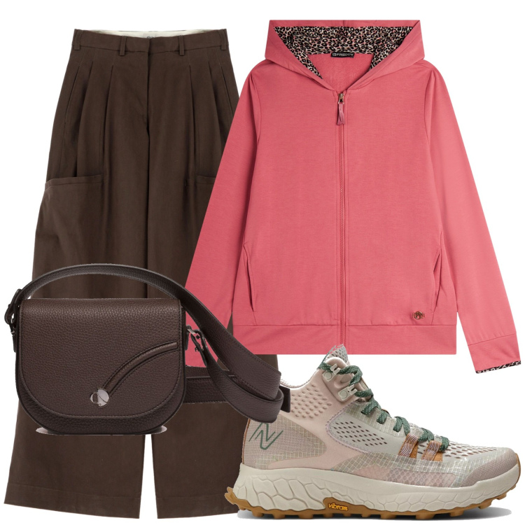 Outfit donna - Sportiva con stile. Stile Sporty chic per Sport. Abbinamento con scarpe sportive, felpe con cappuccio, pantaloni a palazzo, borse a tracolla.
