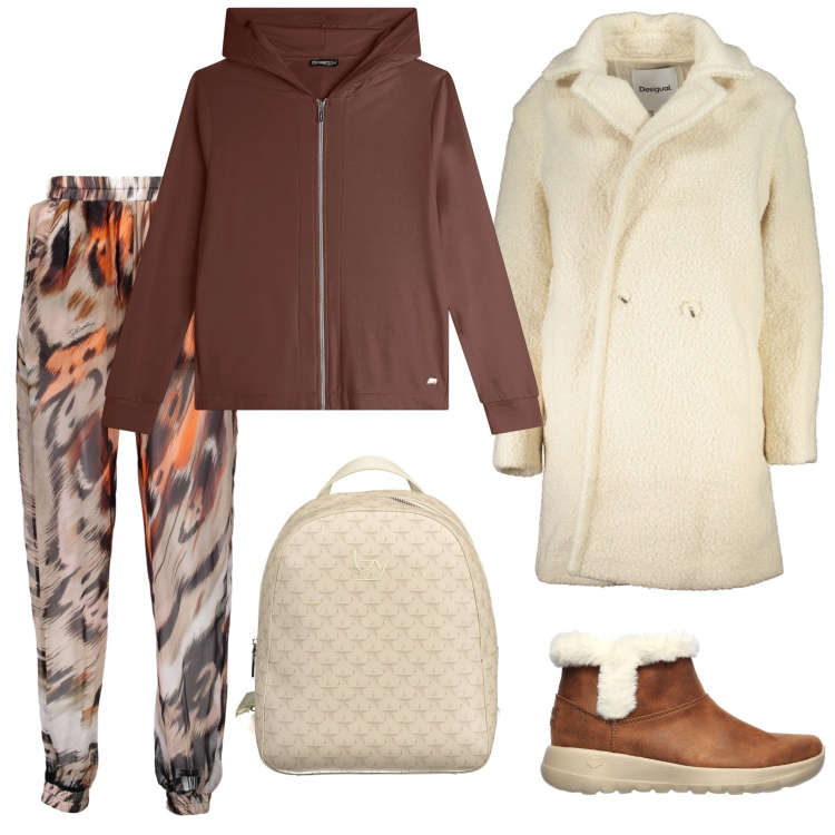 Outfit donna - Joggers fantasia. Stile Sporty chic per Tutti i giorni. Abbinamento con felpe con cappuccio, stivaletti, pantaloni, zaini, cappotti.
