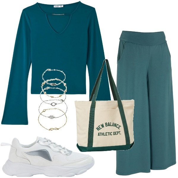 Outfit donna - Green city. Stile Casual per Tutti i giorni. Abbinamento con pantaloni culotte, braccialetti con ciondoli, t-shirt, sneakers, borse tote.