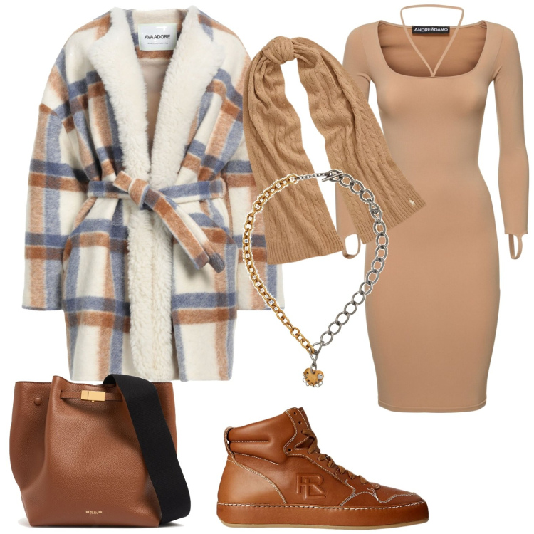 Outfit donna - Total look #1988300. Stile Casual per Tutti i giorni. Abbinamento con cappotti, collane, sciarpe, sneakers, borse a mano, vestiti midi/longuette.