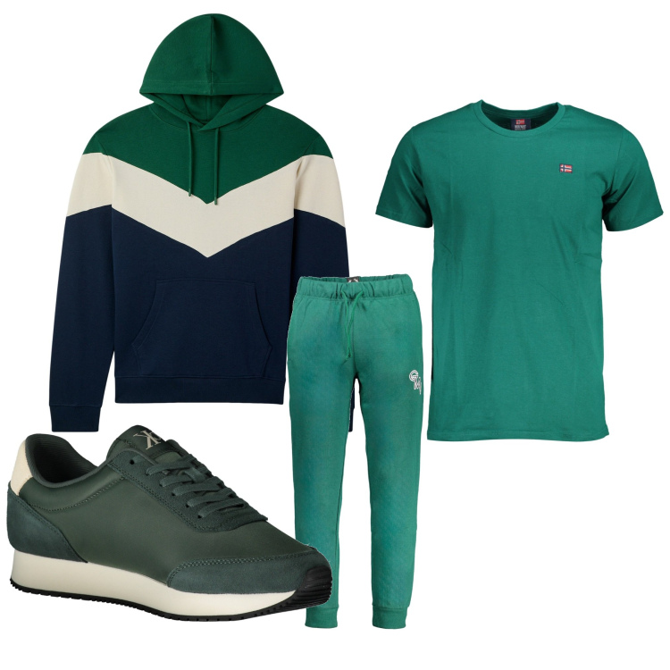 Outfit uomo - Sempre verde. Stile Casual per Tutti i giorni. Abbinamento con felpe con cappuccio, sneakers, pantaloni, t-shirt.