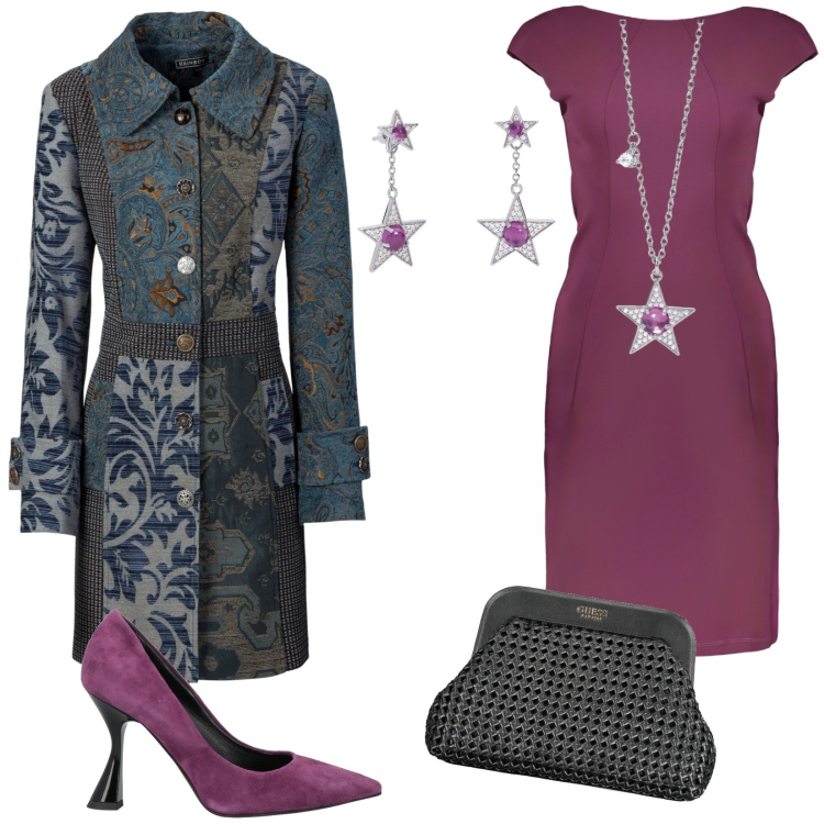 Outfit donna - Cerimonia in viola scuro. Stile Chic per Cerimonia. Abbinamento con cappotti, décolleté, collane, orecchini, vestiti, borse a mano.