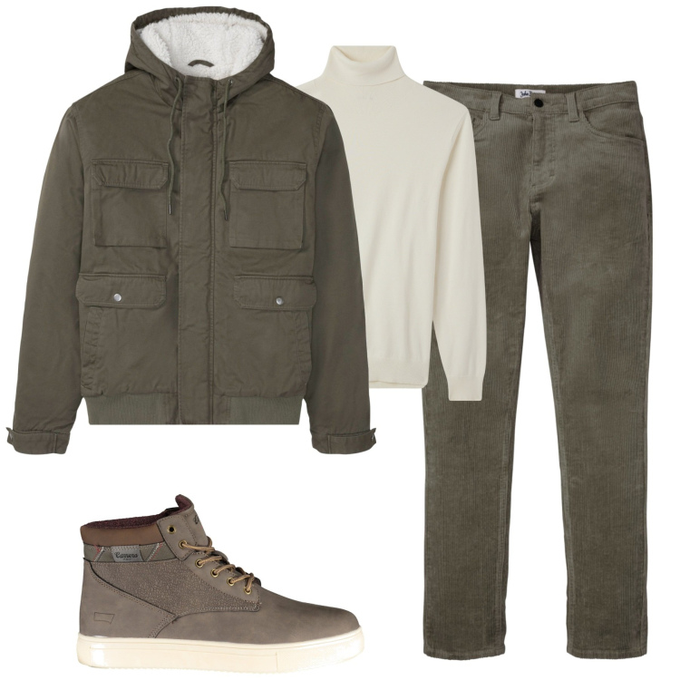 Outfit uomo - City. Stile Urban per Tutti i giorni. Abbinamento con pantaloni, piumini, maglieria, stivali.