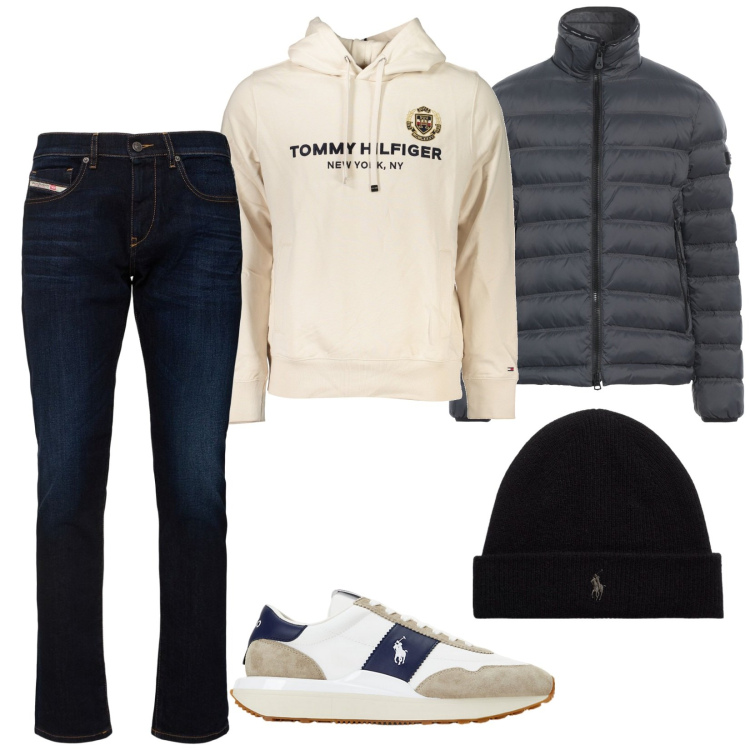 Outfit uomo - Jeans Diesel, un classico. Stile Casual per Tutti i giorni. Abbinamento con piumini, sneakers, berretti, felpe con cappuccio, jeans slim fit.