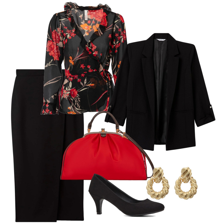 Outfit donna - Un tailleur è per sempre. Stile Chic per Serata fuori. Abbinamento con décolleté, bluse, gonne longuette, blazer, orecchini, borse a spalla.