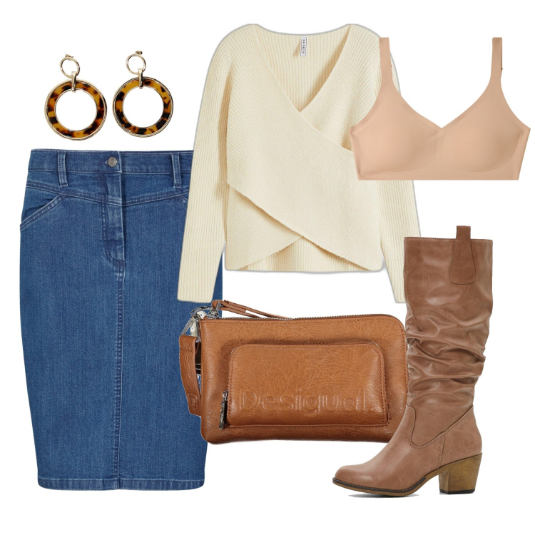 Outfit donna - Incrocio ecrù. Stile Bon Ton per Tutti i giorni. Abbinamento con maglieria, gonne, stivali, reggiseni, orecchini, borse a tracolla.