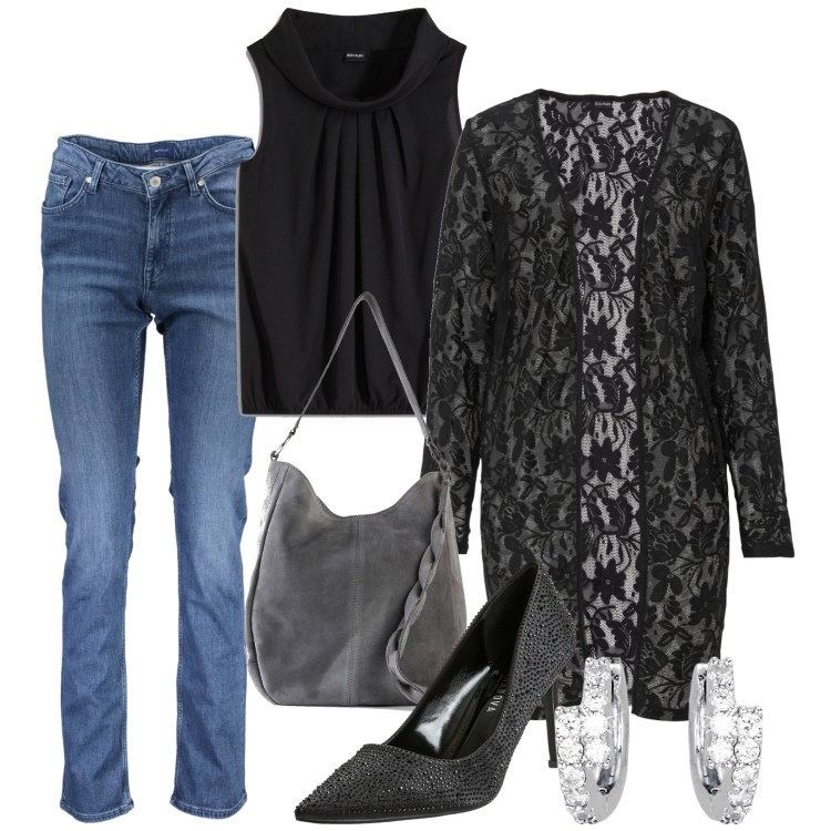 Outfit donna - Cardigan in pizzo. Stile Casual chic per Serata fuori. Abbinamento con borse a mano, top, blazer, décolleté, orecchini, jeans.