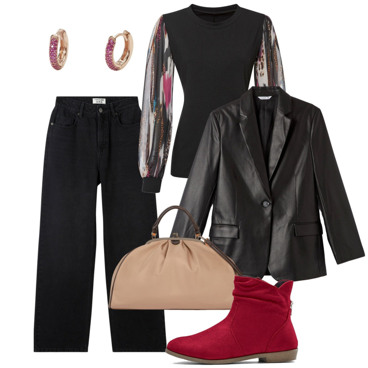 Outfit donna - Di sera in jeans. Stile Urban per Serata fuori. Abbinamento con stivaletti, maglieria, jeans, blazer, orecchini, borse a spalla.