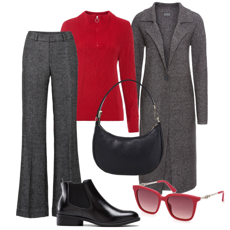 Outfit donna - Cherry & Grey. Stile Casual chic per Tutti i giorni. Abbinamento con pantaloni a palazzo, maglieria, stivaletti chelsea, cappotti, borse a spalla, occhiali da sole.