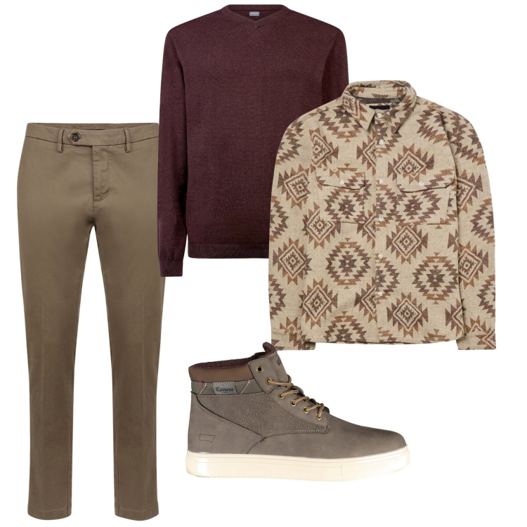 Outfit uomo - Bordeaux. Stile Trendy per Tutti i giorni. Abbinamento con cappotti, pantaloni chino, maglieria, stivali.