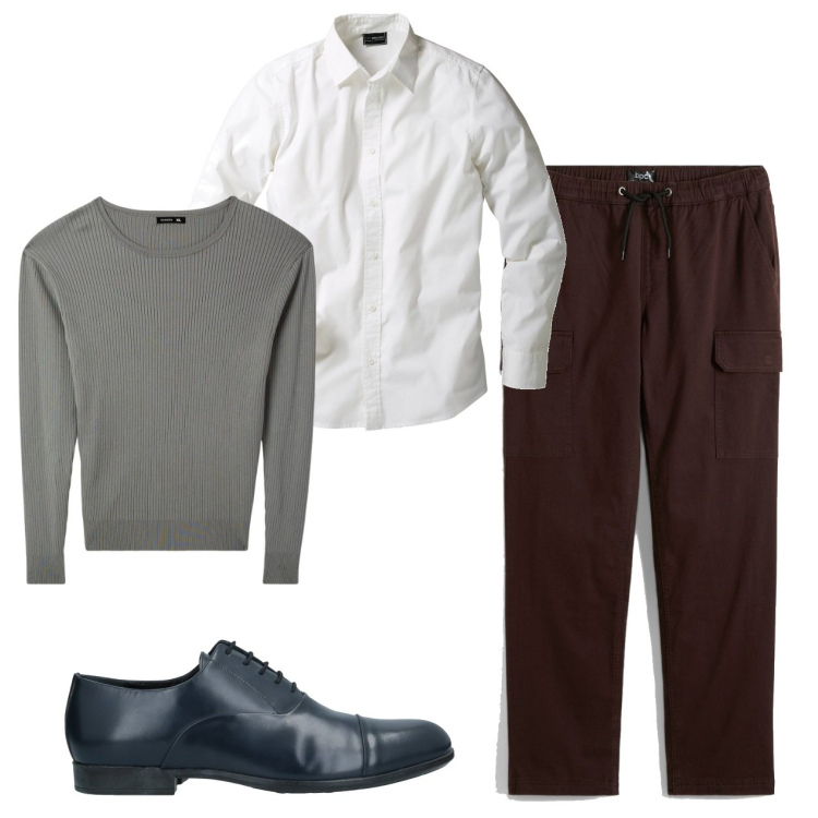 Outfit uomo - I cargo marroni. Stile Casual per Tutti i giorni. Abbinamento con camicie, pantaloni cargo, scarpe stringate, maglieria.