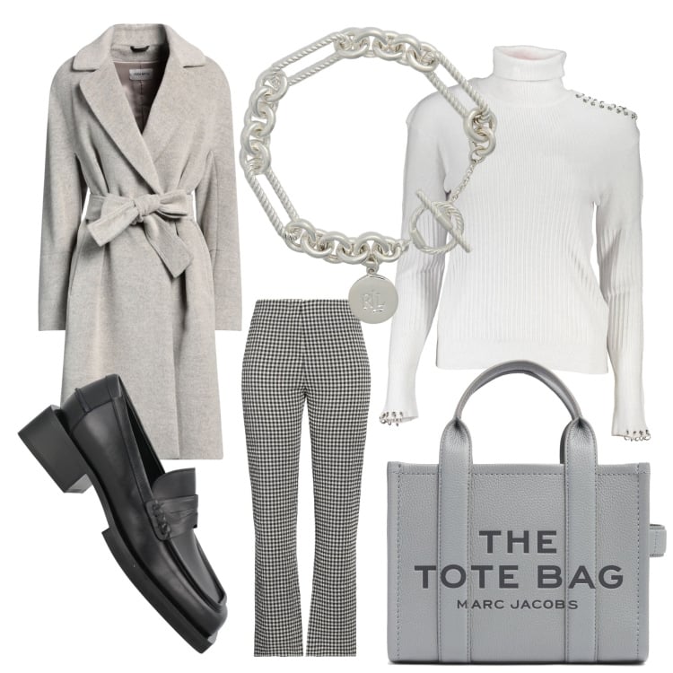 Outfit donna - Signora in grigio. Stile Casual chic per Ufficio. Abbinamento con mocassini, cappotti, pantaloni, braccialetti, maglieria, borse tote.