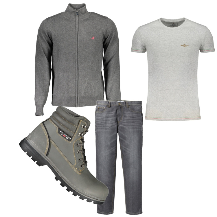 Outfit uomo - Grigio e jeans. Stile Casual per Tutti i giorni. Abbinamento con jeans dritti, stivali, cardigans, t-shirt.
