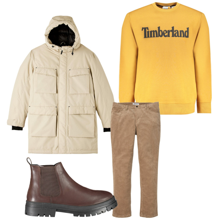 Outfit uomo - I primi freddi. Stile Casual per Tutti i giorni. Abbinamento con pantaloni, parka, stivali, felpe.