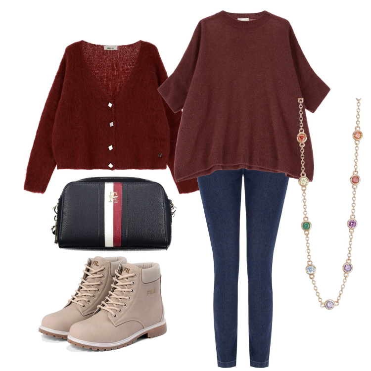 Outfit donna - Autum\'s Come. Stile Casual per Tutti i giorni. Abbinamento con collane, jeans skinny, cardigans, pullovers, stivaletti, borse a tracolla.