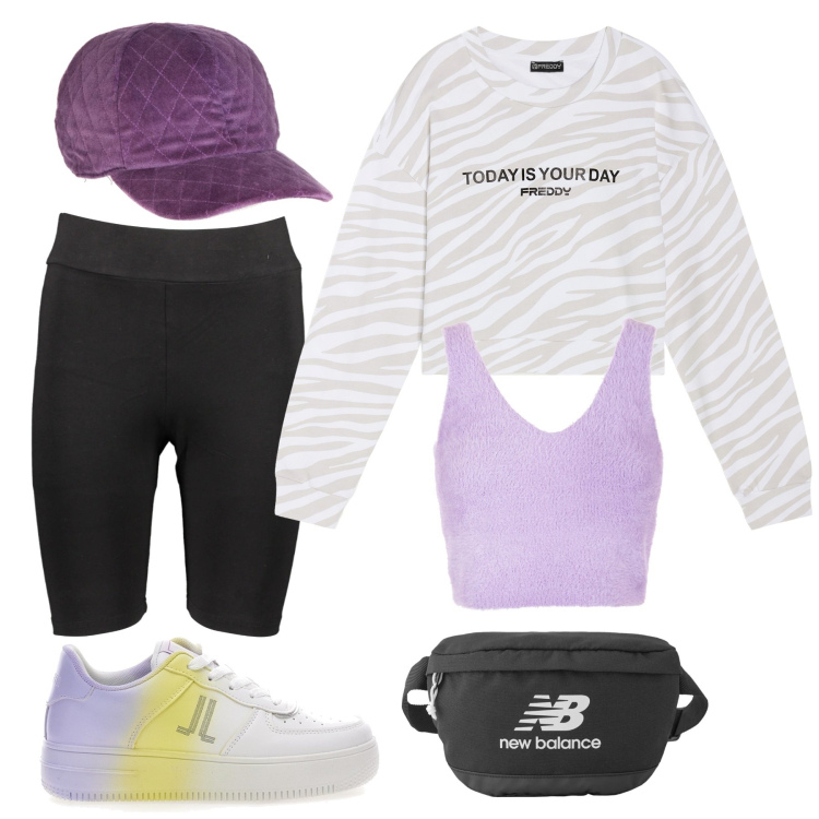 Outfit donna - Sporty Day. Stile Sporty chic per Sport. Abbinamento con marsupi, top, felpe, sneakers, cappelli con visiera, leggings.