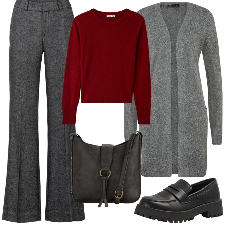 Outfit donna - Maglione rosso. Stile Casual per Tutti i giorni. Abbinamento con pantaloni a palazzo, borse a tracolla, cardigans, maglieria, mocassini.