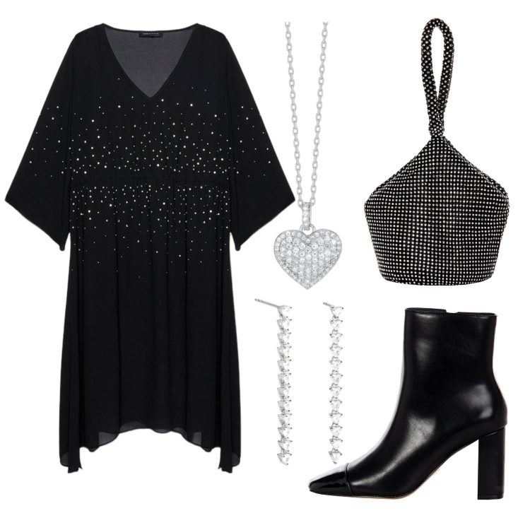 Outfit donna - Glam in nero e argento. Stile Glamour per Serata fuori. Abbinamento con collane, orecchini, stivaletti, pochette, vestiti lunghi.