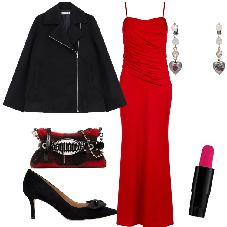 Outfit donna - Mantella da gran sera. Stile Glamour per Serata fuori. Abbinamento con orecchini, rossetti, blazer, vestiti asimmetrici, décolleté, pochette.