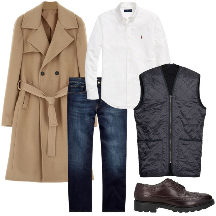 Outfit uomo - Autunno classico. Stile Trendy per Tutti i giorni. Abbinamento con scarpe stringate, cappotti, jeans dritti, camicie, gilet.
