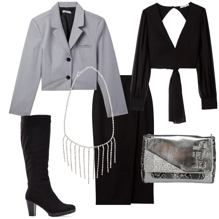 Outfit donna - La gonna con lo spacco. Stile Sexy per Serata fuori. Abbinamento con stivali, bluse, gonne longuette, blazer, collane, borse a spalla.