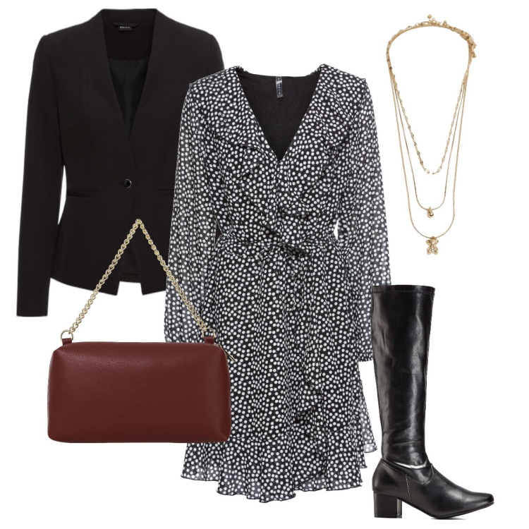 Outfit donna - L’abito a pois. Stile Bon Ton per Serata fuori. Abbinamento con blazer, stivali, vestiti, ciondoli, borse a tracolla.