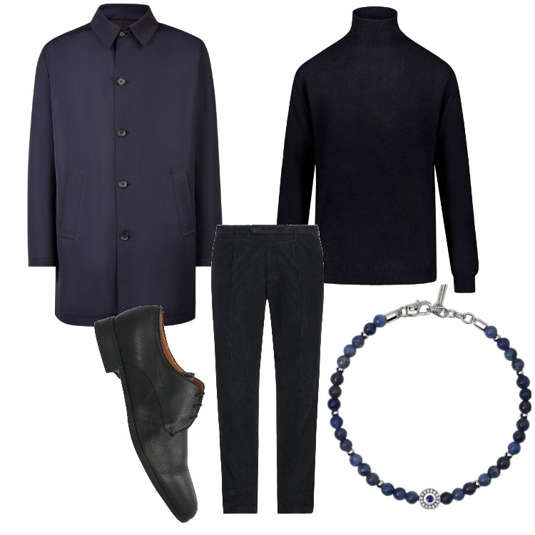 Outfit uomo - Blu eleganza. Stile Business/Elegante per Ufficio. Abbinamento con pantaloni, scarpe stringate, braccialetti, maglieria, giacche.