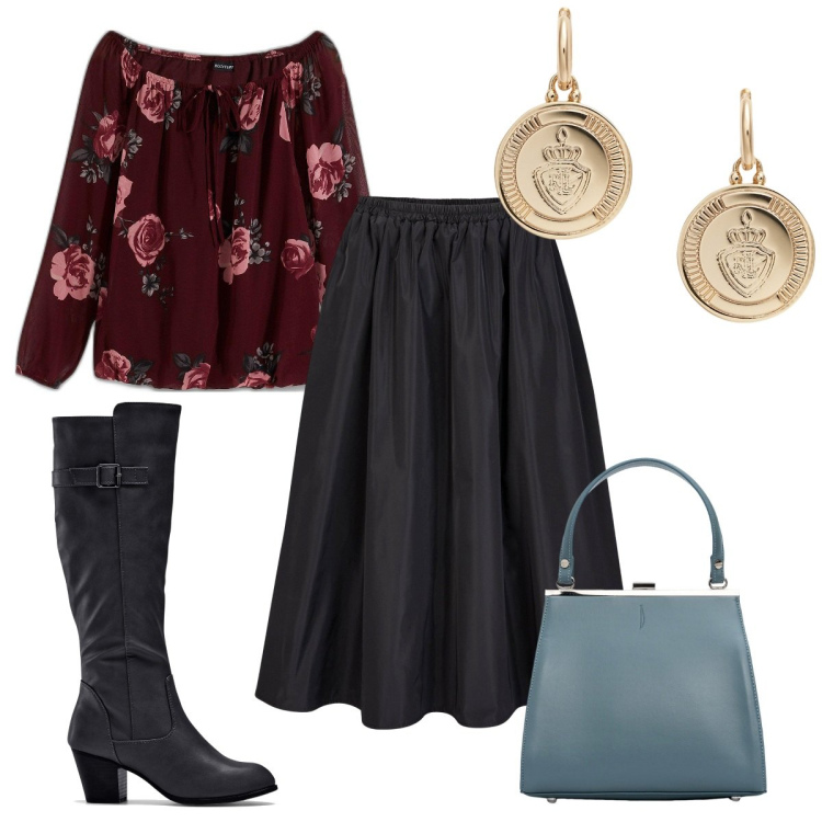 Outfit donna - Total look #1988447. Stile Trendy per Tutti i giorni. Abbinamento con stivali, bluse, orecchini, clutch, gonne lunghe.