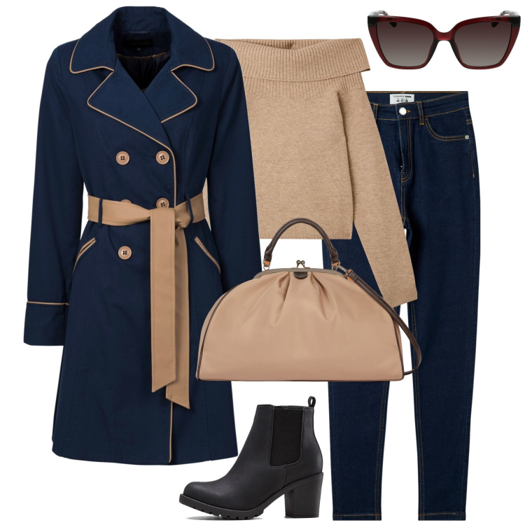 Outfit donna - City. Stile Casual chic per Tutti i giorni. Abbinamento con trench, stivaletti, maglieria, jeans skinny, borse a spalla, occhiali da sole.