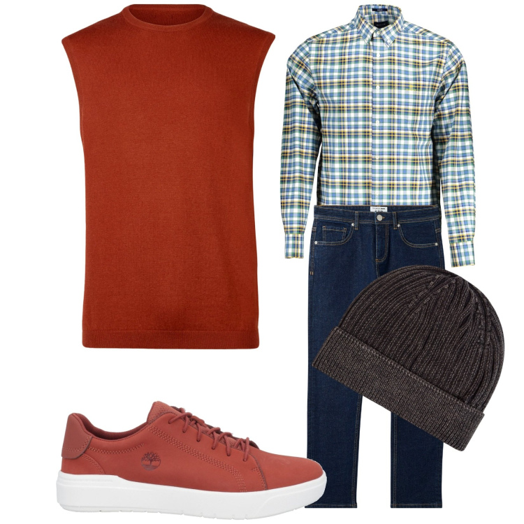 Outfit uomo - Casual elegante. Stile Casual per Tutti i giorni. Abbinamento con sneakers, berretti, jeans, camicie, gilet.