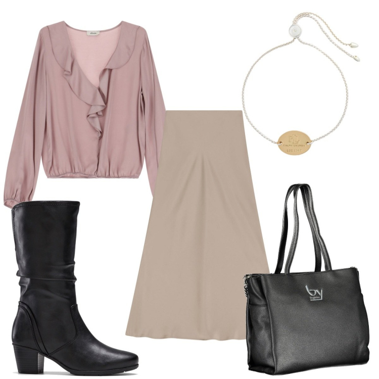 Outfit donna - Total look #1988454. Stile Trendy per Tutti i giorni. Abbinamento con stivali, gonne lunghe, bluse, braccialetti con ciondoli, borse a spalla.