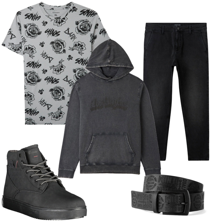 Outfit uomo - Total look #1988456. Stile Urban per Tutti i giorni. Abbinamento con cinture, jeans, felpe con cappuccio, t-shirt, stivali.