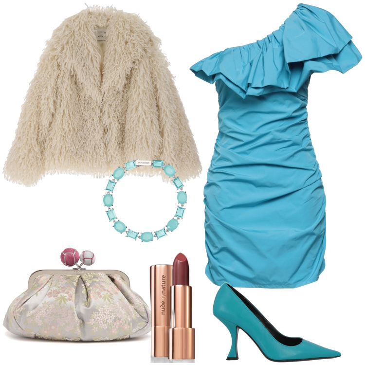 Outfit donna - Abito mono spalla. Stile Glamour per Serata fuori. Abbinamento con vestiti corti, décolleté, rossetti, braccialetti, cappotti, pochette.