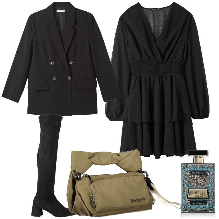 Outfit donna - Scontata al ristorante. Stile Trendy per Tutti i giorni. Abbinamento con stivali sopra il ginocchio, profumi, vestiti corti, blazer, borse a spalla.