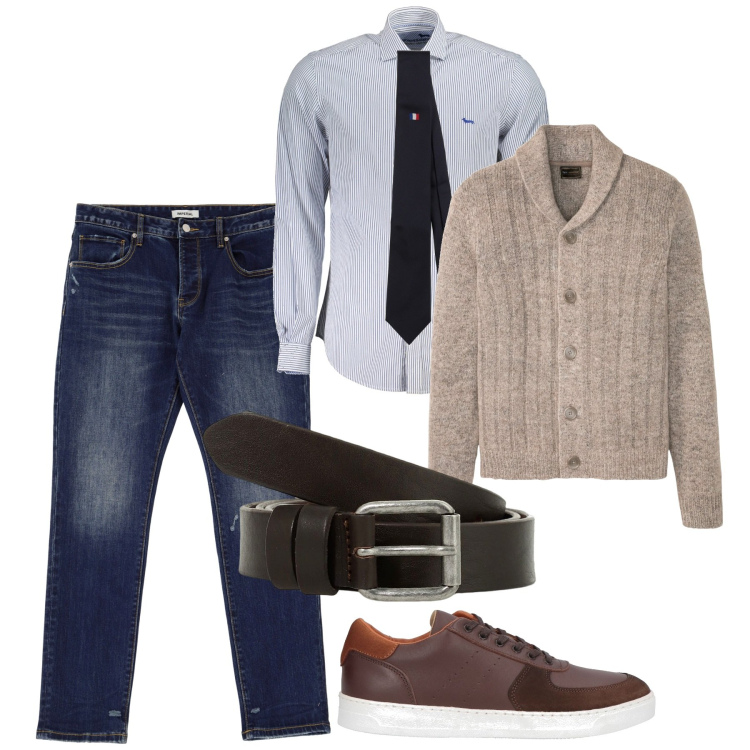 Outfit uomo - In ufficio casual. Stile Casual per Ufficio. Abbinamento con cardigans, sneakers, cravatte, jeans slim fit, cinture, camicie.