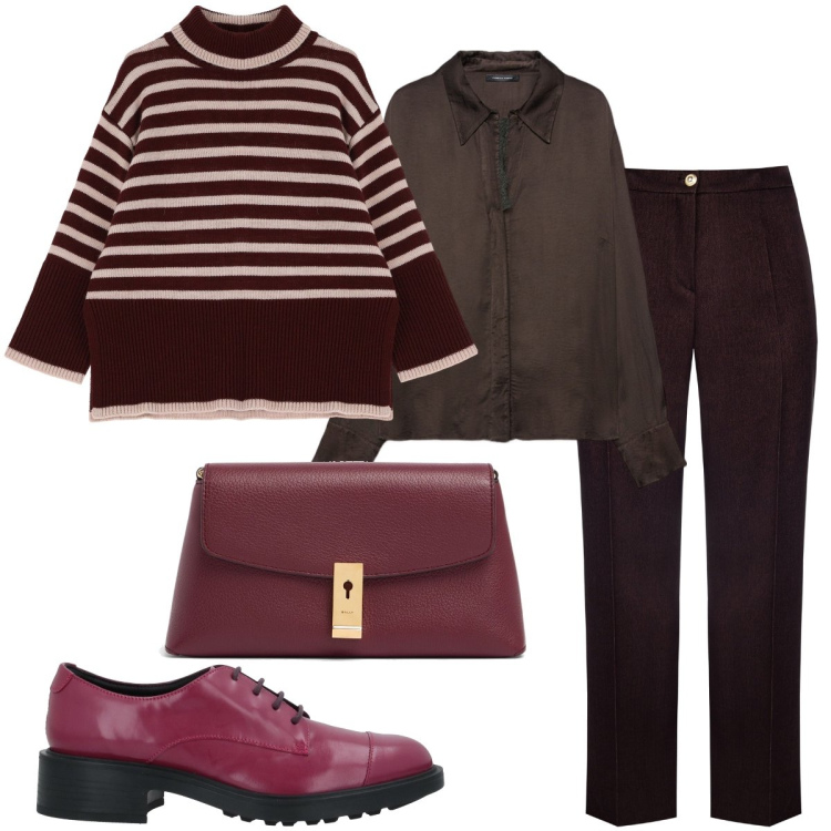 Outfit donna - Non solo marrone. Stile Trendy per Ufficio. Abbinamento con scarpe stringate, maglieria, pantaloni, camicie, pochette.
