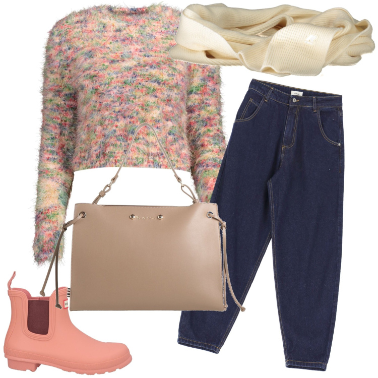 Outfit donna - Maglia rainbow. Stile Casual chic per Tutti i giorni. Abbinamento con stivaletti, borse a mano, jeans, maglieria, sciarpe.