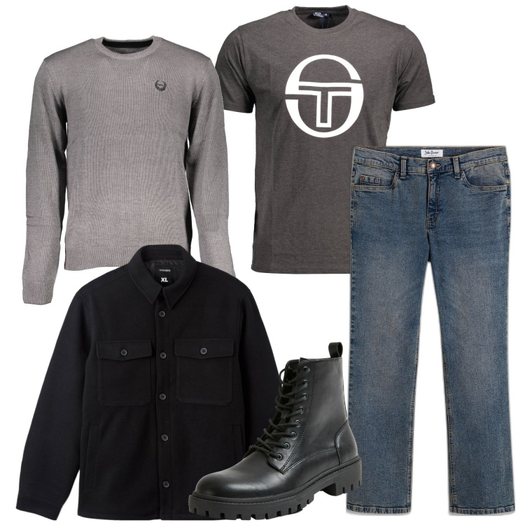 Outfit uomo - Fine autunno. Stile Casual per Tutti i giorni. Abbinamento con jeans bootcut, anfibi, cappotti, maglieria, t-shirt.
