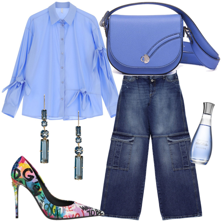 Outfit donna - Che look pure se in jeans. Stile Glamour per Tutti i giorni. Abbinamento con décolleté, profumi, jeans, camicie, orecchini, borse a tracolla.