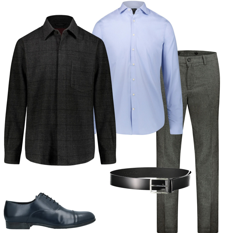 Outfit uomo - Riunione in ufficio. Stile Business/Elegante per Ufficio. Abbinamento con scarpe stringate, pantaloni, camicie, cinture, cappotti.